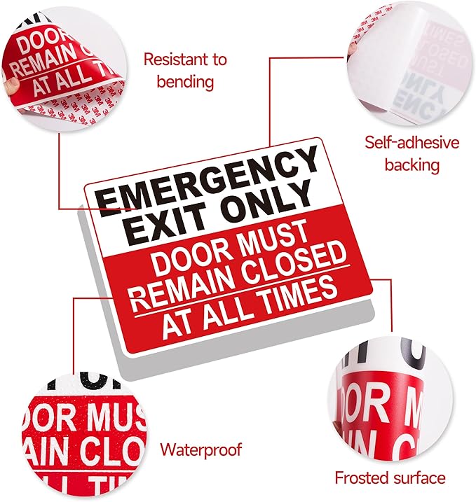 Emergency Exit Only Signs Sticker，Self Adhesive UV, Weather, Scratch, Water & Fade Resistant Door Must Remain Closed At All Times sign for Business, Schools, Offices, Storage Rooms, Hospitals
