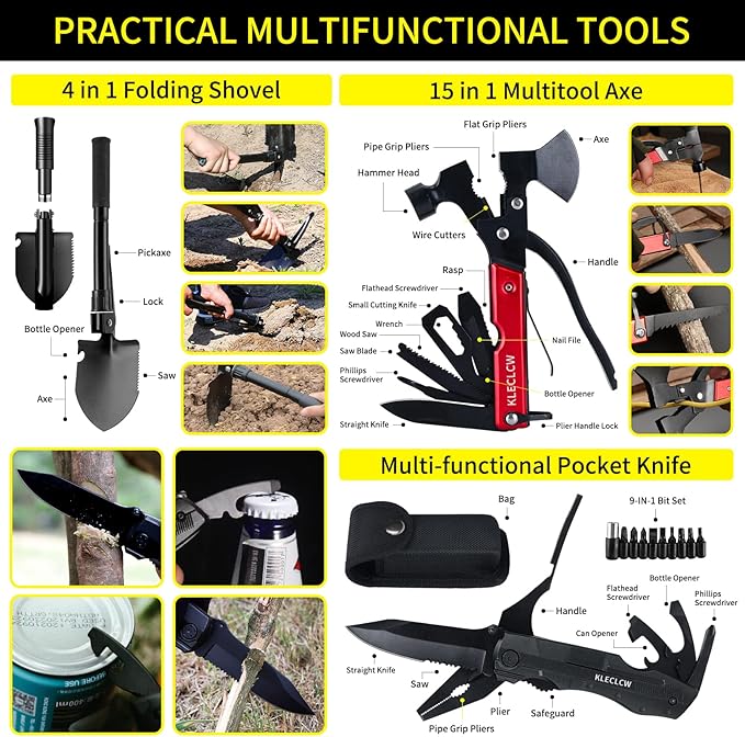 Gifts for Men Christmas Survival Kit and First Aid kit, 160 Pcs Emergency Supplies Camping Accessories with Upgraded Molle Bag for Outdoor Adventure Camping Hiking Hunting