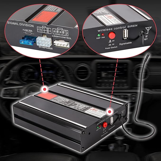 Police Siren 20 Tones 130 DB 200 Watt, Dual 20A Auxiliary Switch, Wireless Remote USB Rechargeable 15M Control Range, Car PA System Speaker Horn, Emergency Siren for Car Truck Vehicles