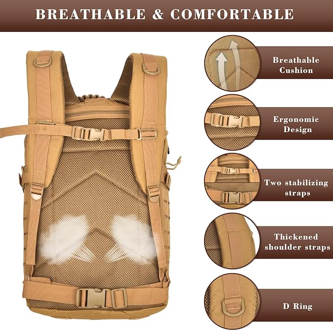Military Tactical Backpack, 40L Tactical Backpack for Men, Army 3 Days Assault Pack, Military Molle Backpack Waterproof, EDC Hiking Bug Out Bag with Water Bladder Compartment, Hiking Rucksack