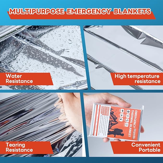 Emergency Mylar Thermal Blankets,Silver Foil Blanket Kit.Camping Heat Space Blankets for Survival,Perfect for Body Warmer in Hiking,Outdoor Traveling, First Aid (4 Pack)