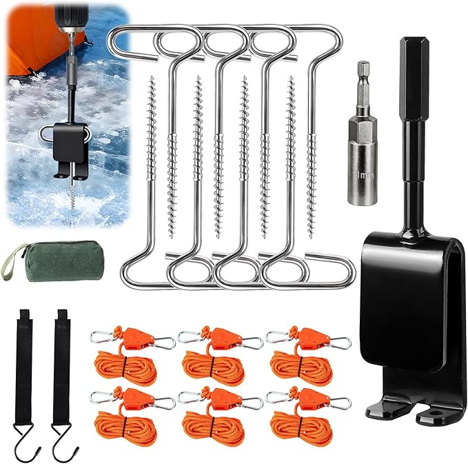 Heavy Duty Ice Anchor Drill Adapter Tool Kit, 19Pcs Stainless Steel Tent Stakes Set with 13FT Ratchet Ropes, Tent Hooks, Canvas Bag for Ice Fishing Shelter Setup (8Pcs Tent Stakes+6Pcs Rope Roller)
