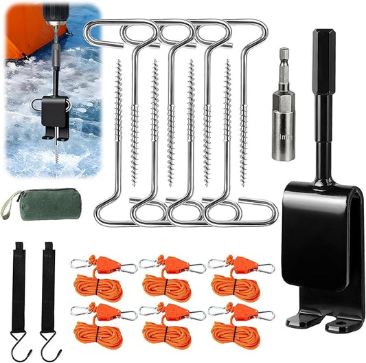 Heavy Duty Ice Anchor Drill Adapter Tool Kit, 19Pcs Stainless Steel Tent Stakes Set with 13FT Ratchet Ropes, Tent Hooks, Canvas Bag for Ice Fishing Shelter Setup (8Pcs Tent Stakes+6Pcs Rope Roller)