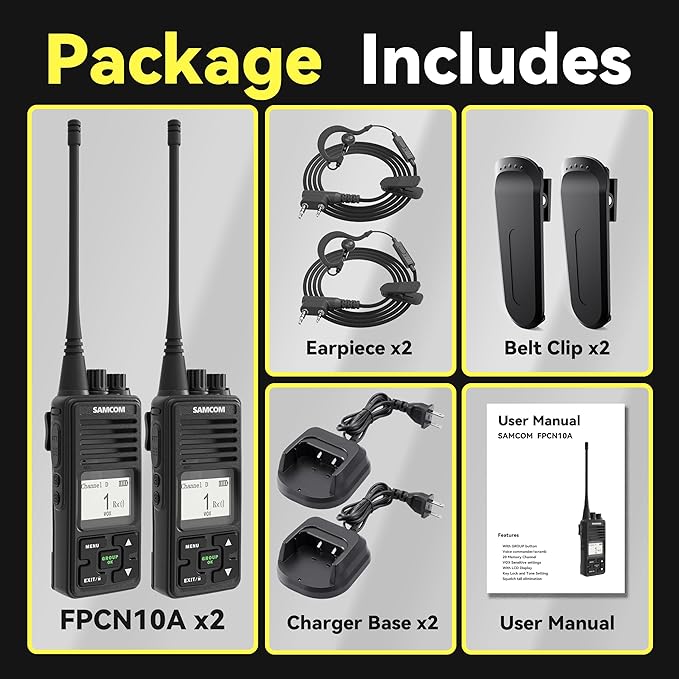 SAMCOM FPCN10A Two Way Radios Long Range 3000mAh Walkie Talkies for Adults Rechargeable 2 Way Radios UHF Programmable Handheld Business Radio with Earpieces,Group Call, 2 Packs