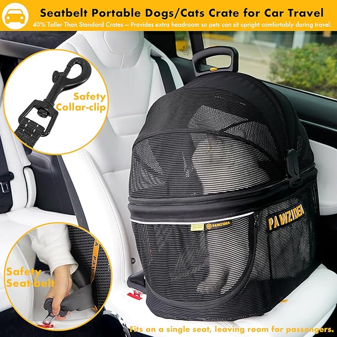 PAWZIDEA Portable Small Dog Crate for Car Travel, Enclosed Pet Car Seat for Small/Medium Dogs Cats up 33lb, Reversible No-Zip Canopy, Soft-Sided Pet Carrier Basket, Collapsible Dog Kennel, Metal Frame