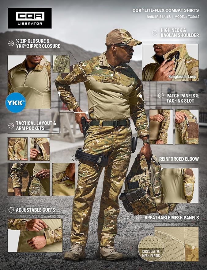 CQR Men's Combat Shirt Tactical 1/4 Zip Long Sleeve Military BDU Shirts Camo EDC Top with Pockets