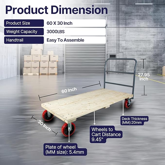 Heavy Duty Hardwood Flatbed Platform Cart – 60” x 30” Industrial Dolly Hand Push Truck with 3000Lb Capacity, 8'' Swivel Locking Wheels – Super Heavy Duty Commercial Moving