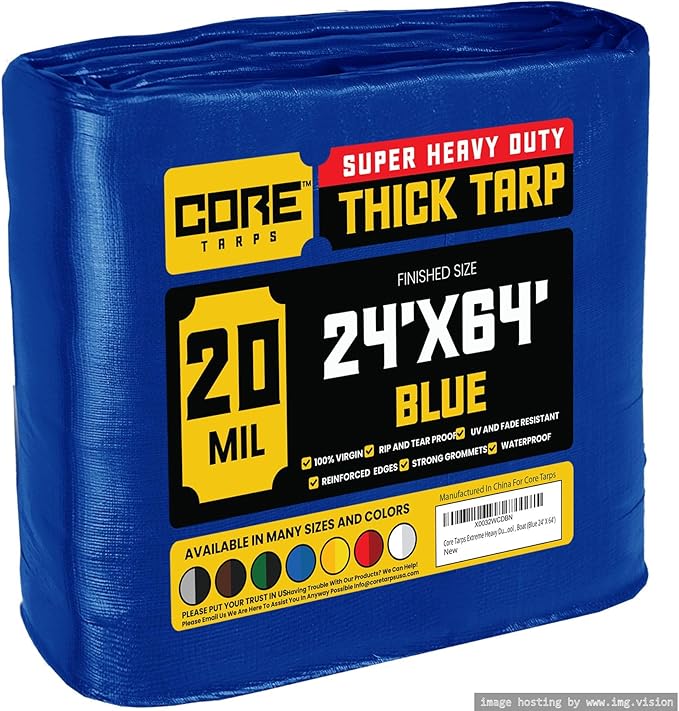 Core Tarps Extreme Heavy Duty 20 Mil Tarp Cover, Waterproof, UV Resistant, Rip and Tear Proof, Poly Tarpaulin with Reinforced Edges for Roof, Camping, Patio, Pool, Boat (Blue 24′ X 64′)