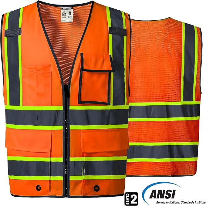 SKSAFETY 10 Pockets Safety Vest, Class 2 High Visibility Security with Zipper Back Mesh, Hi Vis Vest with Reflective Strips, ANSI/ISEA Standard, Construction Work Vest for Men ＆ Women （Orange, 2XL）