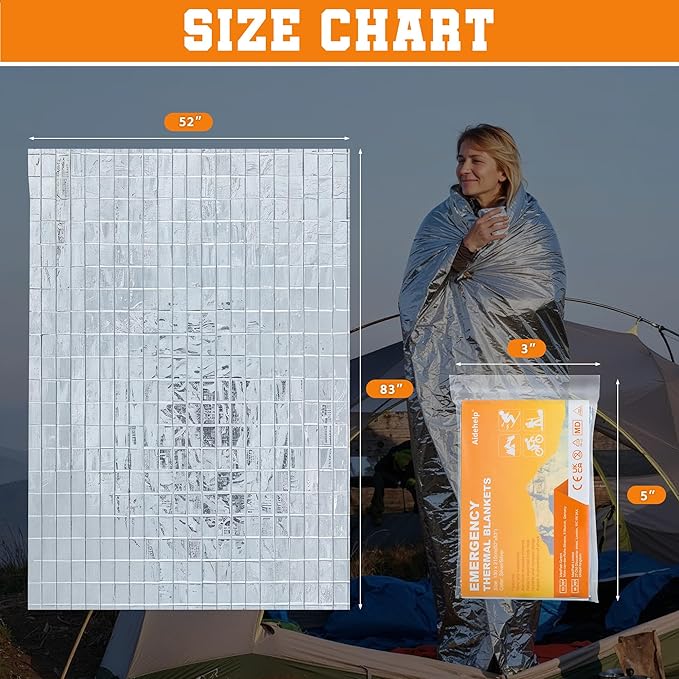 100 Pack Emergency Blankets (83" x 52") - Mylar Thermal Space Blankets for Survival and Protection - Ideal for Camping, Outdoors, Hiking, Rescue, Marathons