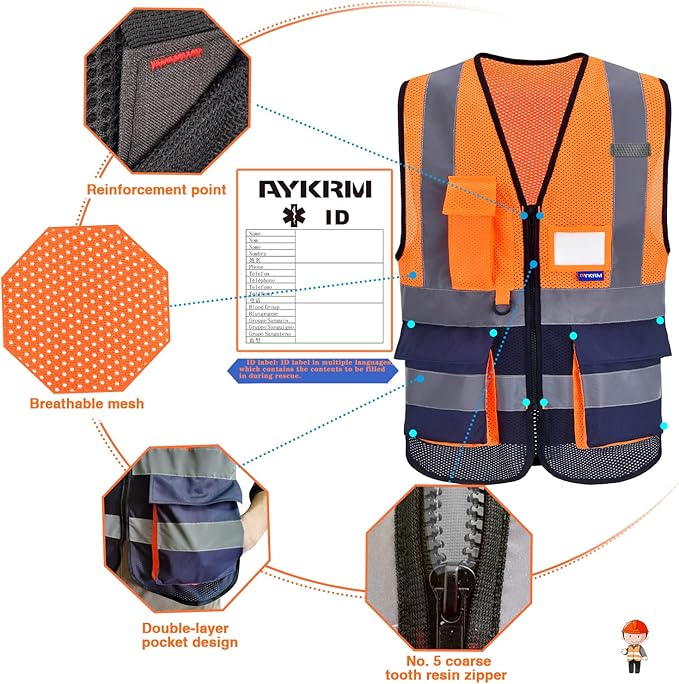 A-SAFETY High Visibility Mesh Safety Reflective Vest with Pockets and Zipper,Hi Vis Viz Reflective Safety Vest(Orange&Navy Mesh M)