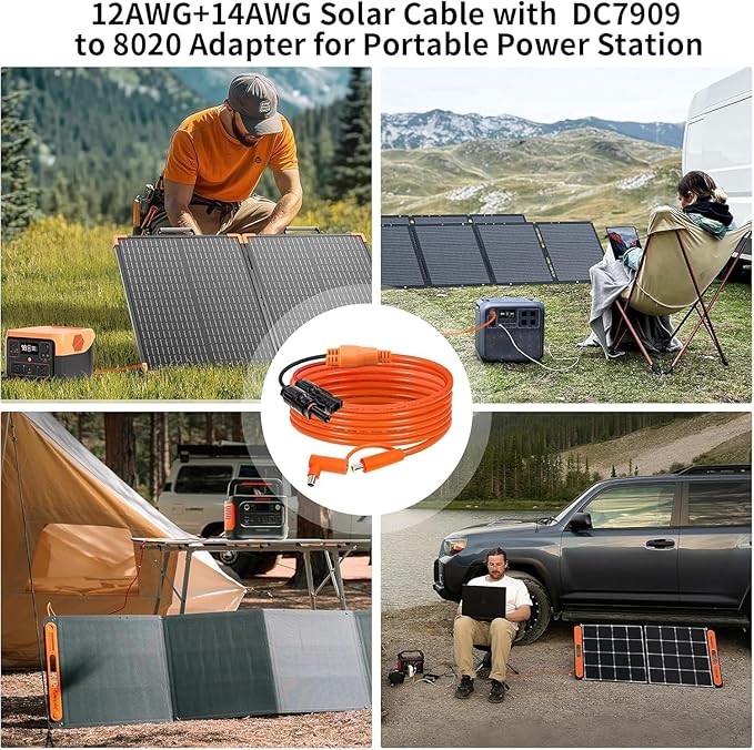 Solar Connector to DC 8mm Adapter Cable 30FT, 12AWG + 14AWG Tinned Copper Wire with DC7909 to DC8020 Adapter, Heavy Duty Charging Cable for Portable Power Station, RV, Outdoor Camping