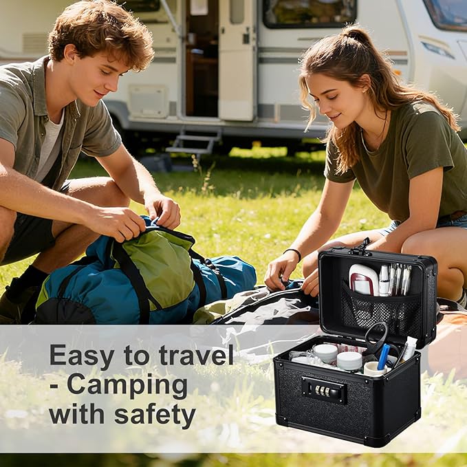 Adazzo Lockable Medicine Storage Box - Shiny Black Cabinet Med Lock Organizer, 7 * 5.25 * 5.75 Inches Safe Case with Combination Lock for Home, Dorm, Office, or Travel - Mini Size