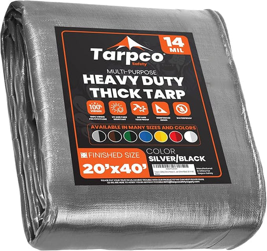 Tarpco Safety Extra Heavy Duty 14 Mil Tarp Cover, Waterproof, UV Resistant, Rip and Tear Proof, Poly Tarpaulin with Reinforced Edges for Roof, Camping, Patio, Pool, Boat (Silver/Black 20′ X 40′)