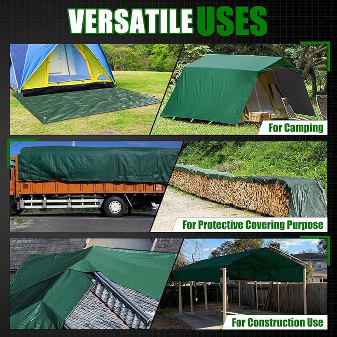 Sunvigor Tarp Waterproof 10x20Ft, Extra Thick 16 Mil Heavy Duty Tarp Cover, Tear & Fade Resistant, Outdoor Tarps with Brass Grommets and Reinforced Edges for Roof, Camping, Patio, Boat (Green/Silver)