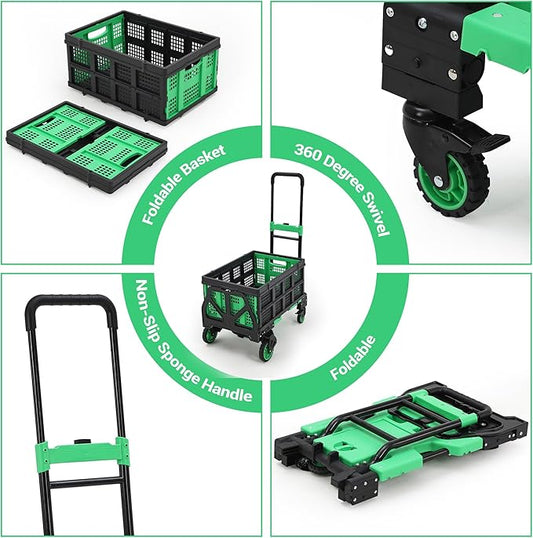 Folding Hand Truck, 330 LB Heavy Duty Dolly Cart with Foldable Basket, Foldable Hand Truck with Bungee Rope, Rubber Wheels and Retractable Handle for Luggage, Travel, Moving, Office, Green