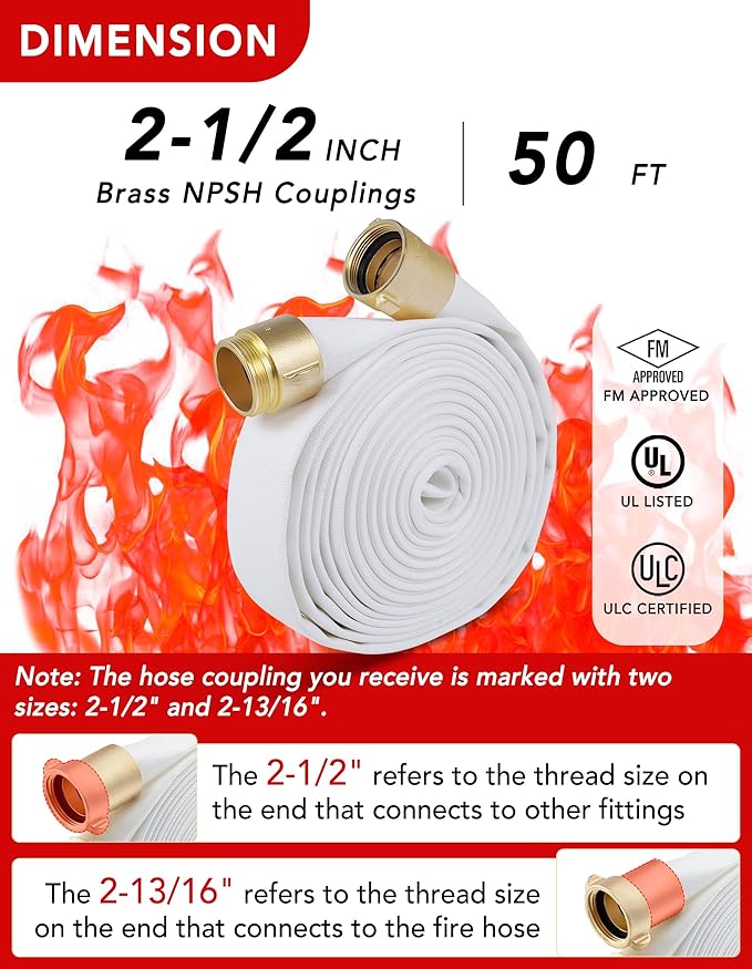 ZYfire Fire Hose - 2-1/2" ID x 50 FT Double Jacket TPU Firefighter Hose with M x F NPSH Brass Couplings 1200 PSI Burst Pressure Lightweight for Firefighting & Residential Use