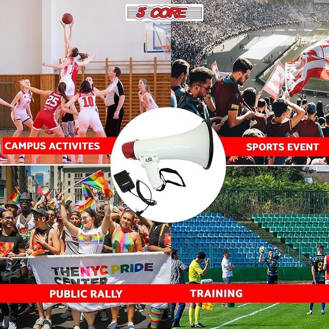 5 CORE 40W Megaphone Bullhorn Cheer Bull Horn Speaker Rechargeable Megaphono 1000 Yard Range Siren Recording USB SD Card AUX Detachable Microphone for Cheerleading, Football, Safety Drills