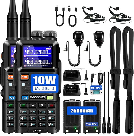 BAOFENG 5RM Ham Radio 10W Long Range Handheld NOAA Weather Receiver 2500mAh Battery UV-5RM Radio with Programming Cable,Speaker Mic,Tactical Antenna,Type-C Charging,2Pack