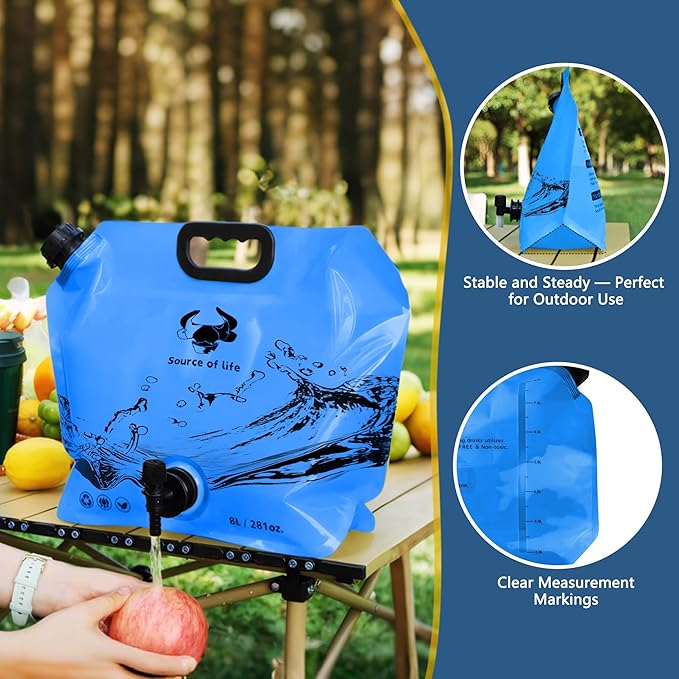 Water Jug Camping 2.1 Gallon Collapsible with Spigot, BPA Free Portable Water Pouch Foldable Water Bags for Outdoor Hiking, Travel and Emergency & Water Storage Containers (Blue-1Pcs)