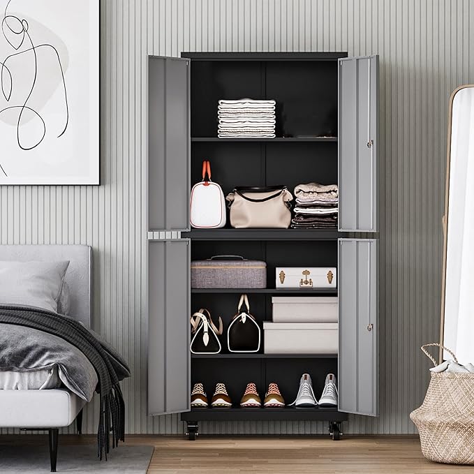 Letaya Metal Garage Storage Cabinet with Wheels,Steel Tool Rolling Cabinets with Lock Door and Adjustable Shelves fro Home Utility Organization Room (1PC-Black Gray)