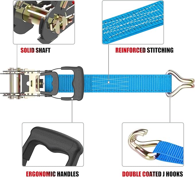 Ratchet Straps (4PK) - 4500lbs Breaking Strength 1.5''×15' Heavy Duty Tie Down Straps with Padded Handles, Double J Hooks & Soft Loops for Moving Motorcycle, Trailer & Trucks (Blue)