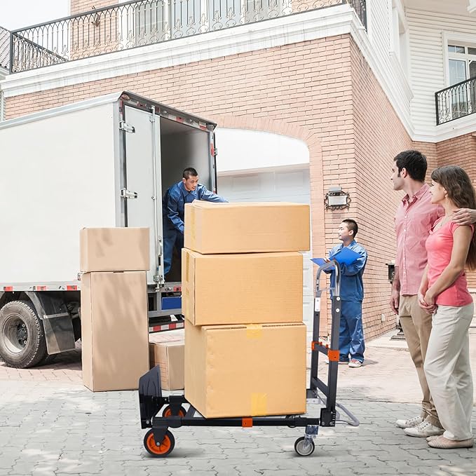 3 in1 Heavy Duty Convertible Hand Truck Dolly Cart, Folding Trolley Cart with Wheels, 600lbs Capacity for Transport Moving in Warehouse, Supermarket, Equipment (Orange)