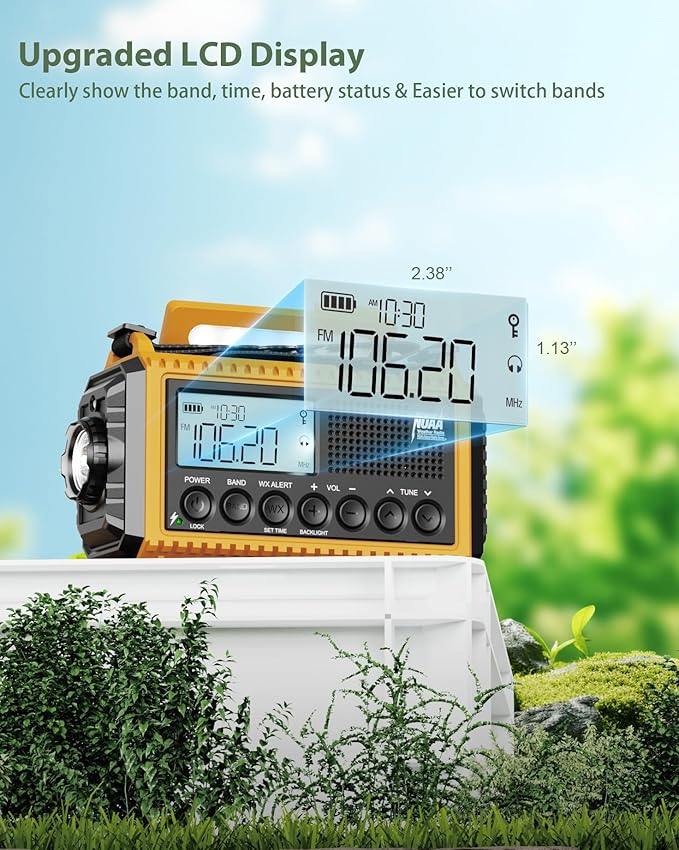 Emergency Radio,Hand Crank NOAA Weather Radio with 12000mAh Rechargeable Battery, LCD Display,Auto Alert,AM/FM/Shortwave,SOS,USB Charging Port,Flashlight,Portable Solar Radio for Power Outage/Survival