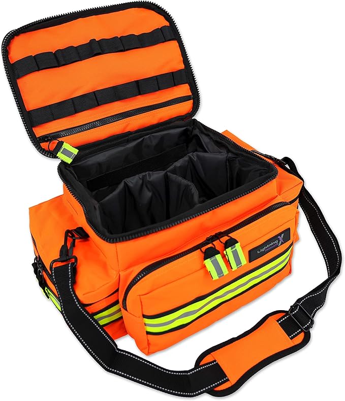 Lightning X Mid-Sized First Responder EMT Bag | LXMB25 | Fully Stocked w/ 248+ First Aid Supplies + Trauma Pak w/C.A.T. Tourniquet & QuikClot - Orange
