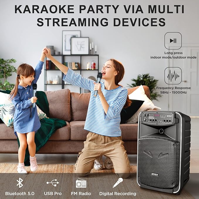 GTSK12-2 Portable Bluetooth PA Speaker System with TWS, Wireless Karaoke Machine for Adults with 12” Subwoofer, Dual UHF Mics, Rechargeable Outdoor Speaker w/USB-C, SD, FM, AUX – for Parties & Events