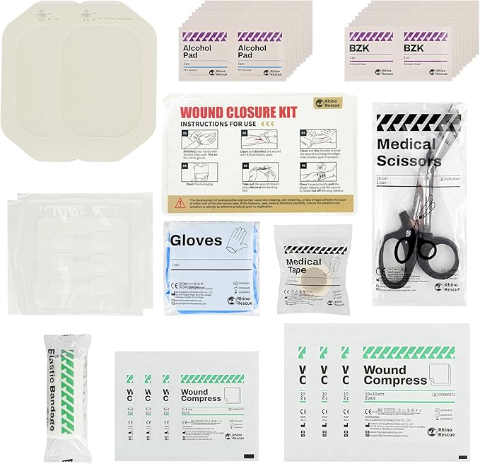 RHINO RESCUE Wound Closure Kit, 6pcs with Dresssings, Wound Closure Strips Without Suture, Stitch Zip Laceration Closure Kit for Cut Care, Adhesive Wound Closure Bandages, HSA/FSA Eligible