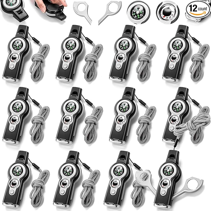 12 Pack Emergency Survival Whistle 7-in-1 Compass Hiking Survival Safety Whistle with Lanyard Outdoor Multifunctional Tool Ideal for Hiking Camping Rescue Signaling