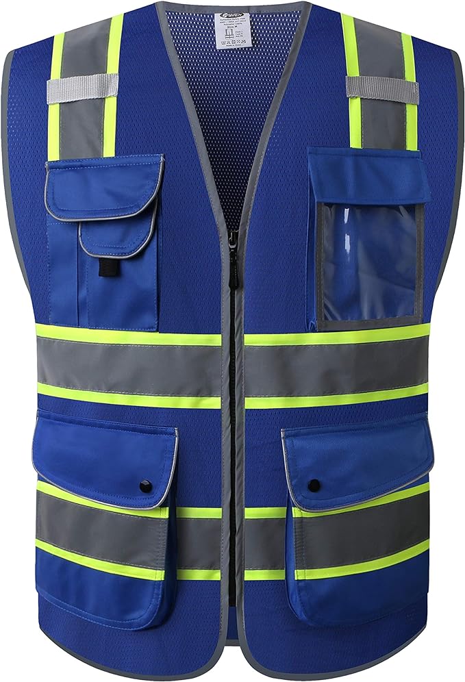 JKSafety 9 Pockets High Visibility Zipper Front MESH Blue Safety Vest | Blue with Dual Tone High Reflective Strips | ANSI/ISEA Standards (100-Blue, L)