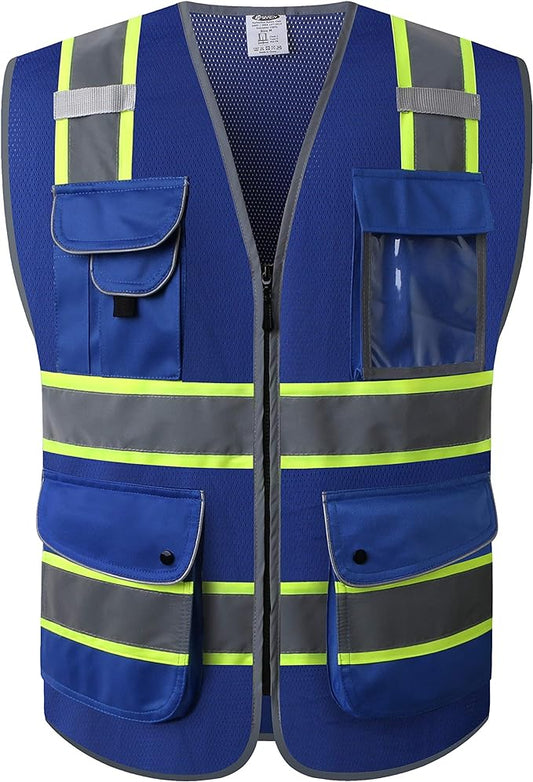 JKSafety 9 Pockets High Visibility Zipper Front MESH Blue Safety Vest | Blue with Dual Tone High Reflective Strips | ANSI/ISEA Standards (100-Blue, L)