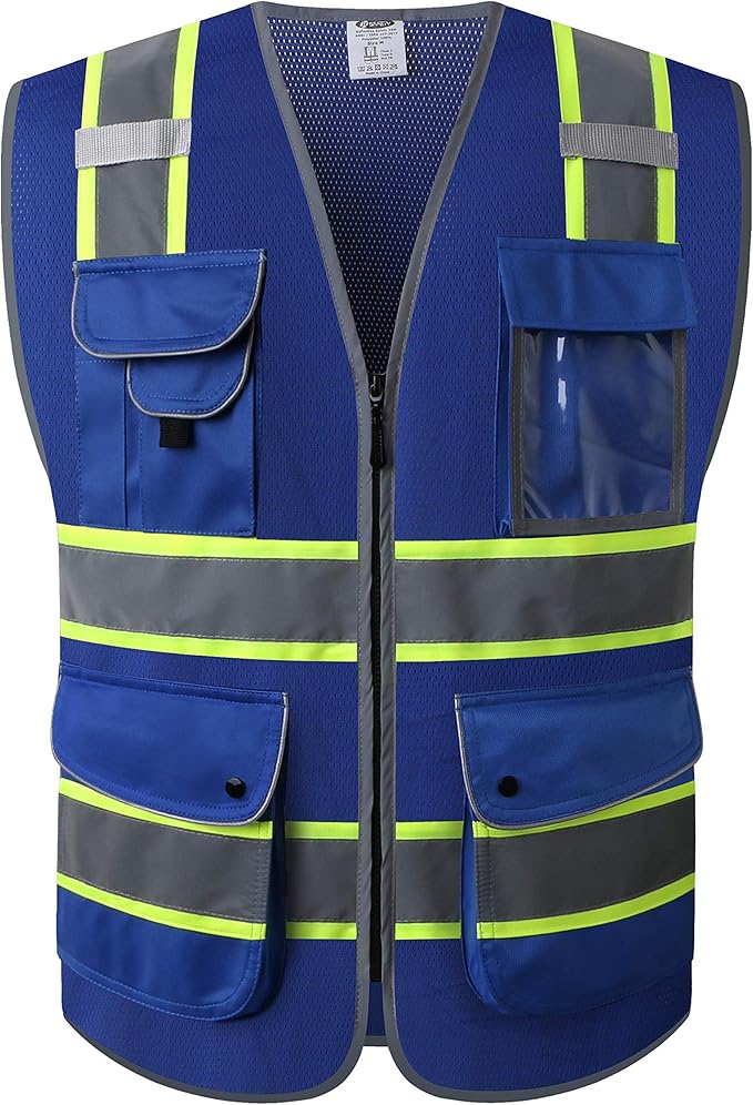 JKSafety 9 Pockets High Visibility Zipper Front MESH Blue Safety Vest | Blue with Dual Tone High Reflective Strips | ANSI/ISEA Standards (100-Blue, 3XL)