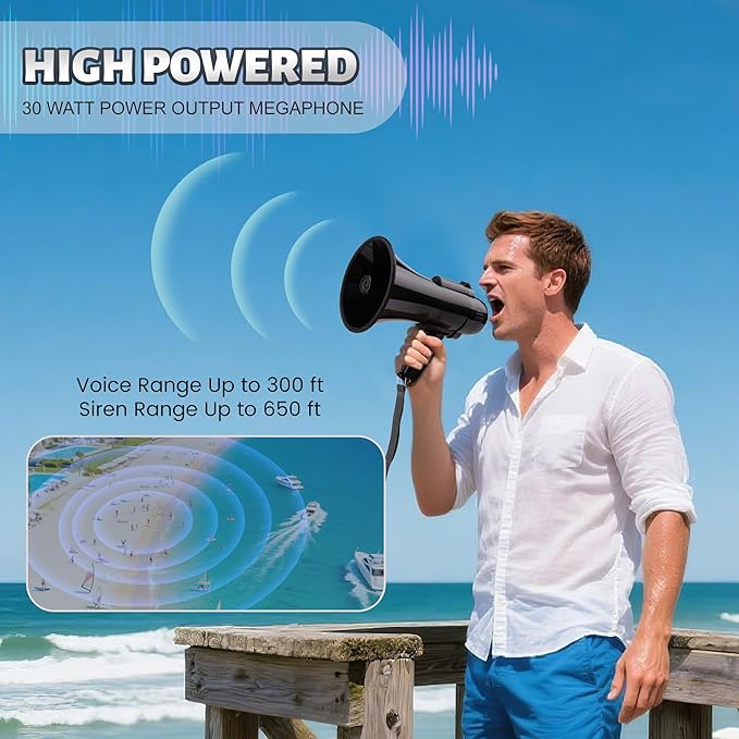 30 Watt Power Portable Megaphone Bullhorn Speaker Voice, Siren/Alarm and 240S Recording with Volume Control and Strap