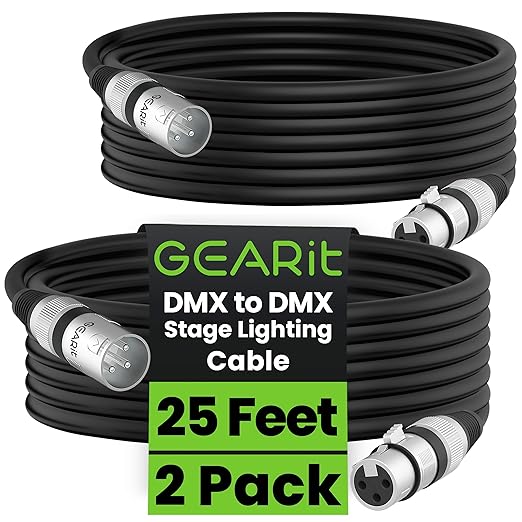 GearIT DMX Stage Lighting Cable - 25 Feet, 2-Pack (XLR Compatible) 3-Pin Balanced Shielded for DJ LED Moving Head Par Light, Mic Mixer, Recording Studio, Podcast