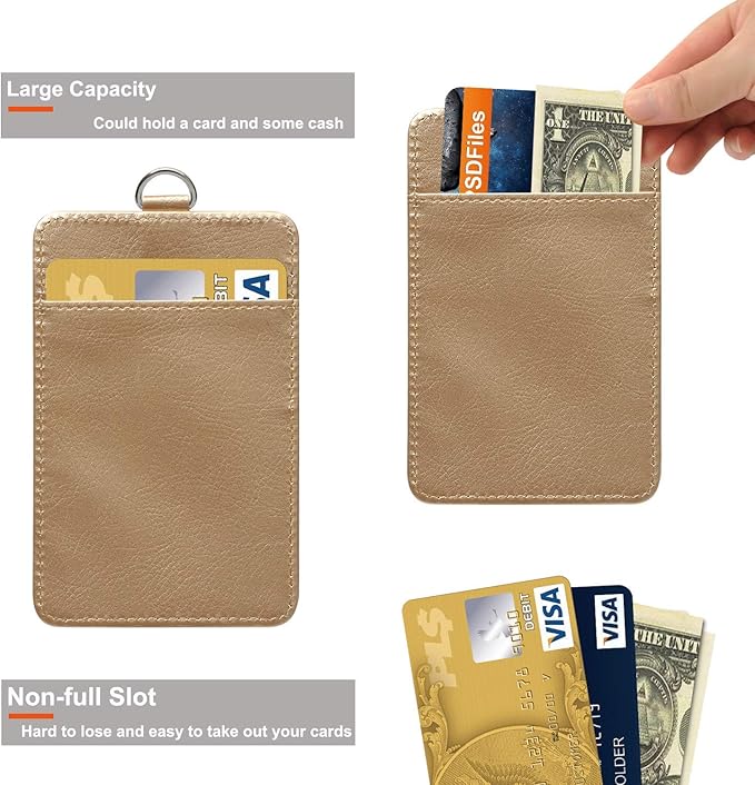 PU Leather ID Badge Holder, Life-Mate ID Badge Holder with 1 Clear ID Window 1 Credit Card Slot and PU Leather Lanyard for Badge Credit Cards College ID Cards in Champagne Gold