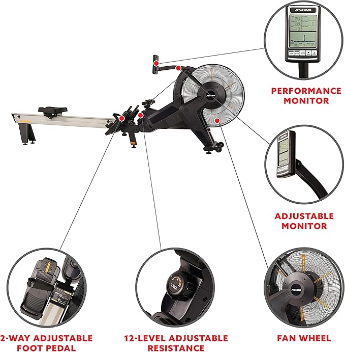 Sunny Health & Fitness Premium Smart Air & Magnetic Resistance Rowing Machine, Foldable Long Silding Rail Exercise Rower for Home Training, Optional Free SunnyFit App Connection