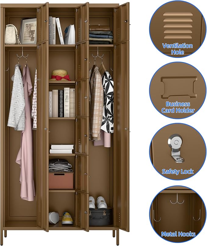 Metal Lockers for Employees with 10 Doors, 72" H Steel Lockable Storage Lockers with 6 Hooks and 10 Card Holder for Office, Home, Gym, School, Employees, Khaki