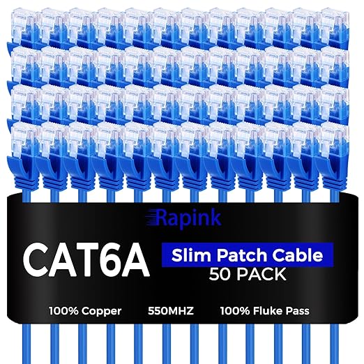 Rapink Patch Cables Cat6a 0.5ft (50 Pack) Slim, Cat6a Ethernet Patch Cable 10G Support, Snagless Cat 6 Patch Cable for Patch Panel to Switch, Flexiable Cat 6a Ethernet Cable with Gold Plated