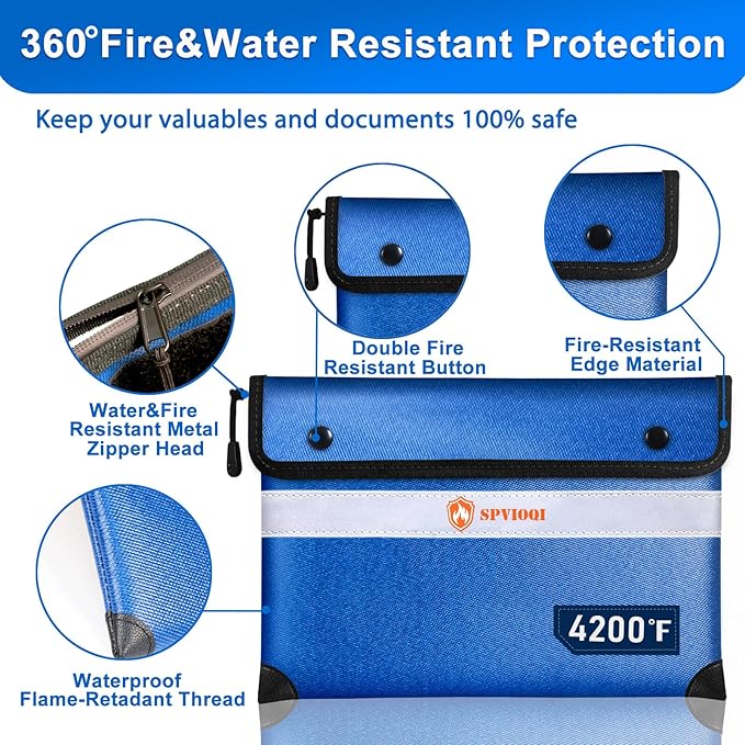 Upgraded 5200F Fireproof Money Bag with Zipper, Reflective Strip for Fast Find, 8 Layers of Heat Insulated Materials, Water Resistant, A5 Document Size