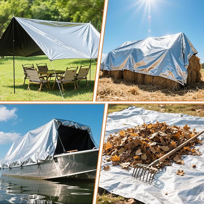 10x10FT Waterproof Tarp, Yumatum 16 Mil Heavy Duty Tarps with Reinforced Edges/Brass Grommets, 100% UV Blocking/Tear Resistant Poly Tarp for Camping, Patio, Tent, Boat(Silver/Black)