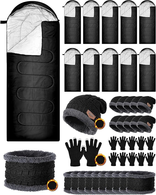 40 Pcs Bulk Sleeping Bags Adult for Homeless, Sleeping Bags Cold Weather Waterproof with Winter Hats Gloves Scarves and Mittens for Camping Emergency Use
