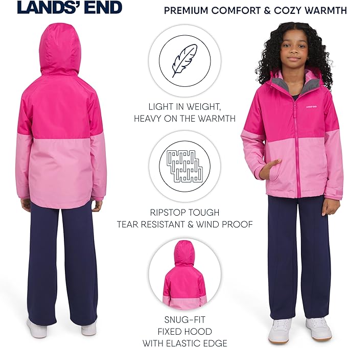 Lands' End Unisex Kids 3-in-1 Water Resistant Windbreaker and Zip-out Polar Fleece Jacket