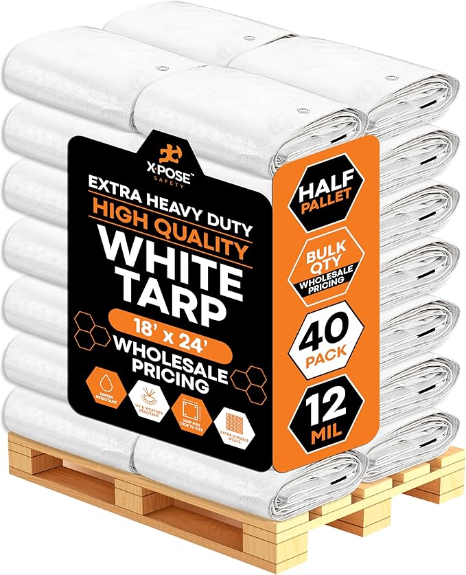 Heavy Duty White Poly Tarp 18' X 24' - Bulk Half Pallet (40 Pack) - Multipurpose Protective Cover - Durable, Weather Proof & Tear Resistant - 12 Mil Thick Polyethylene - by Xpose Safety