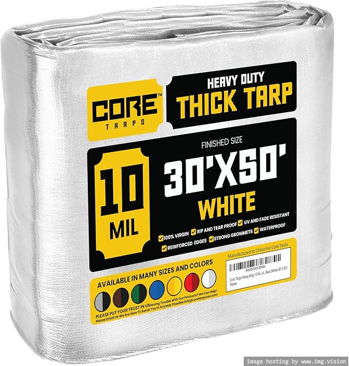 Core Tarps Heavy Duty 10 Mil Tarp Cover, Waterproof, UV Resistant, Rip and Tear Proof, Poly Tarpaulin with Reinforced Edges for Roof, Camping, Patio, Pool, Boat (White 30′ X 50′)