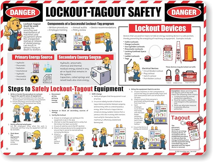 SmartSign 18 x 24 inch Lockout/Tagout Overview Safety Poster “Danger - Lockout/Tagout Safety, Components, Steps, Devices” 55 mil Tear-Resistant Plastic, Pre-Drilled Holes, Multicolor, Made in USA