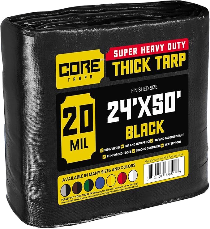 Core Tarps Extreme Heavy Duty 20 Mil Tarp Cover, Waterproof, UV Resistant, Rip and Tear Proof, Poly Tarpaulin with Reinforced Edges for Roof, Camping, Patio, Pool, Boat (Black 24′ X 50′)