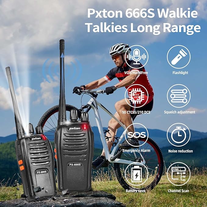 pxton 666S walkie talkies Long Range Rechargeable for Adults with Headphones and Li-ion Battery,2 Way radios has VOX/Noise Reduction/TOT/Flashlight/Monitoring/Scan Function（4 Pack）